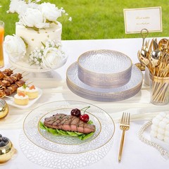 Rubtlamp 150Pcs Plastic Plates, Heavy Duty Clear Plates With Gold Rim, Hammer…