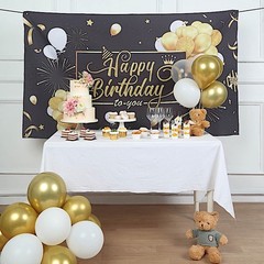 6×3 ft Black Gold Printed Polyester Photo Backdrop Happy Birthday Banner Party