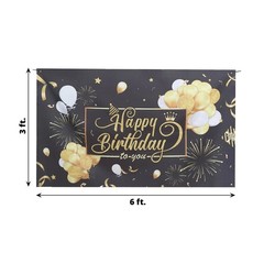 6×3 ft Black Gold Printed Polyester Photo Backdrop Happy Birthday Banner Party