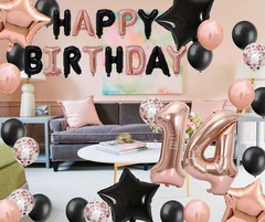14th Birthday Decorations – Black Rose Gold Number 14 Star Foil Balloons, Lat…