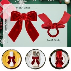 6Pcs Christmas Napkin Rings Bow Velvet Napkin Holders for Xmas One Size Red