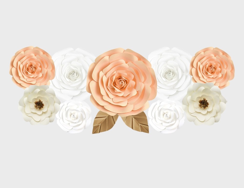Decor In The Box 11 piece Handmade Paper Flower Set, Peach/Cream/White