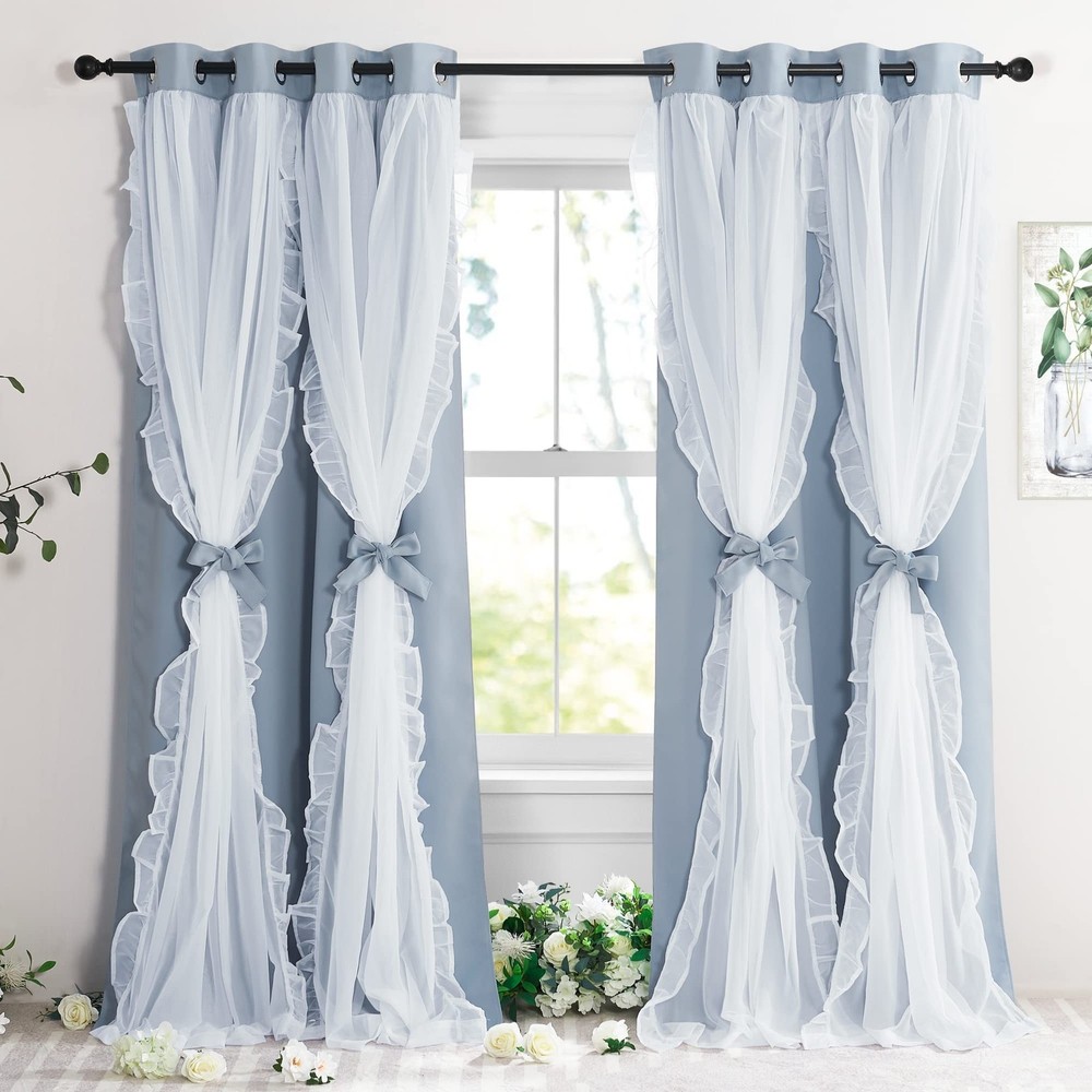 PONY DANCE Ruffle Curtains Double Layers Sheer Overlay Elegant Decoration for…