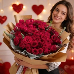 100Pcs Red Roses Artificial Flowers with Stems，Fake Roses Bouquet Fake Fl