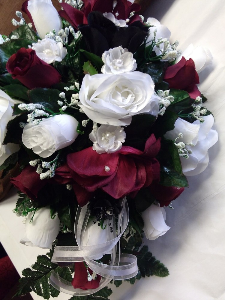 21 Pc wedding Package BURGUNDY black & WHITE Sale! Bouquets, bout and corsages