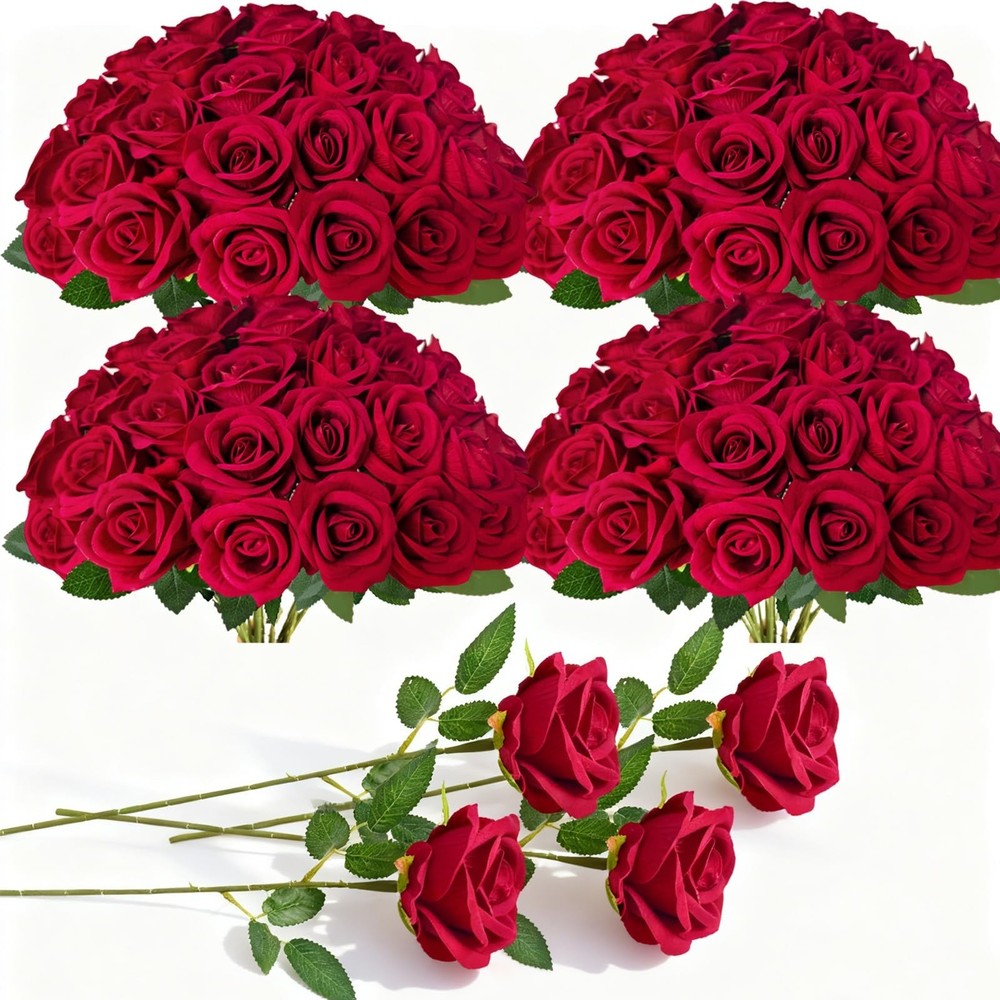 100Pcs Red Roses Artificial Flowers with Stems，Fake Roses Bouquet Fake Fl