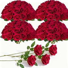 100Pcs Red Roses Artificial Flowers with Stems，Fake Roses Bouquet Fake Fl