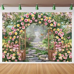 Spring Garden Flowers Backdrop Floral Arch 7x5FT(82 x 59 inch), gold