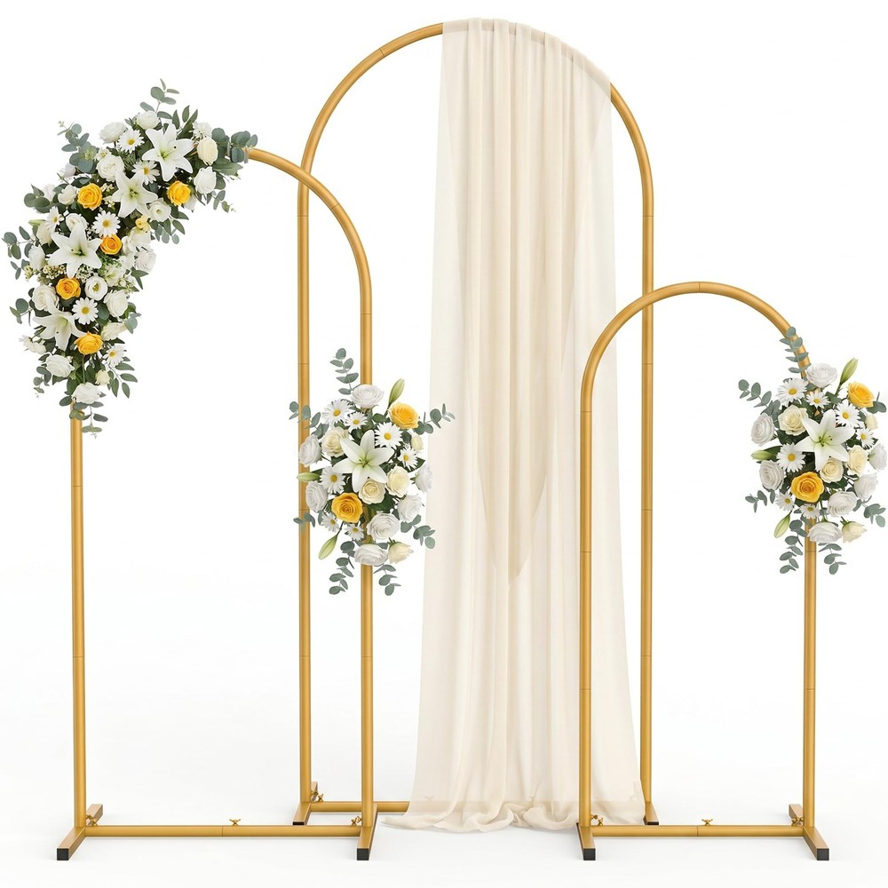 Gold Metal Arch Backdrop Stand 3-Piece Set, 6FT/5FT/4FT Wedding Arch Frame for P