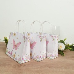 12 Pink White Glitter Butterfly Paper Gift Bags with Handles Wedding Party