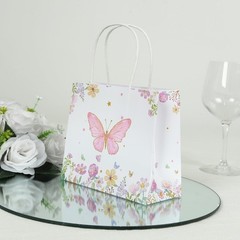 12 Pink White Glitter Butterfly Paper Gift Bags with Handles Wedding Party
