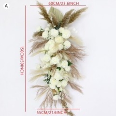 Pu Fan Leaf Pampas Grass White Rose Flower Arrangement Wedding Backdrop Decor