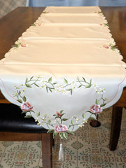 Heart of Roses Table Runner on Ivory, 16″x72″, Embroidered with End Tassels
