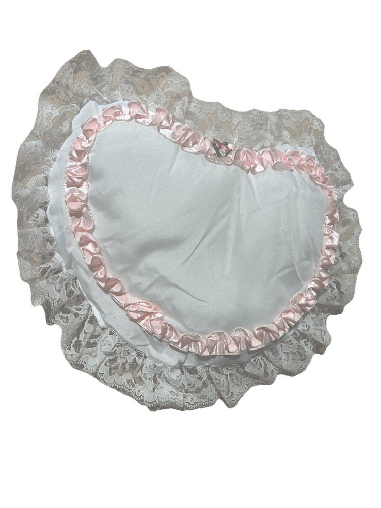 Lace Heart-Shaped Pillow. White With White Lace and Pink Trim. 9”x7”
