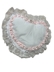 Lace Heart-Shaped Pillow. White With White Lace and Pink Trim. 9”x7”