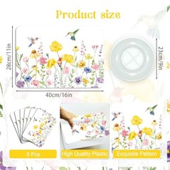 6 Pcs Flower and Bird Placemats, 11×16 Inch Summer Watercolor flower bird
