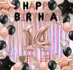 14th Birthday Decorations – Black Rose Gold Number 14 Star Foil Balloons, Lat…