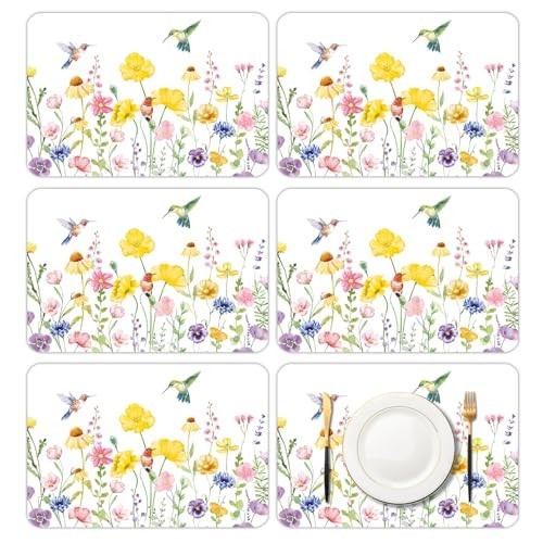 6 Pcs Flower and Bird Placemats, 11×16 Inch Summer Watercolor flower bird