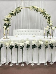 Reusable Wedding Floral Arch Backdrop, White/Green Flowers, Gold Metal Frame