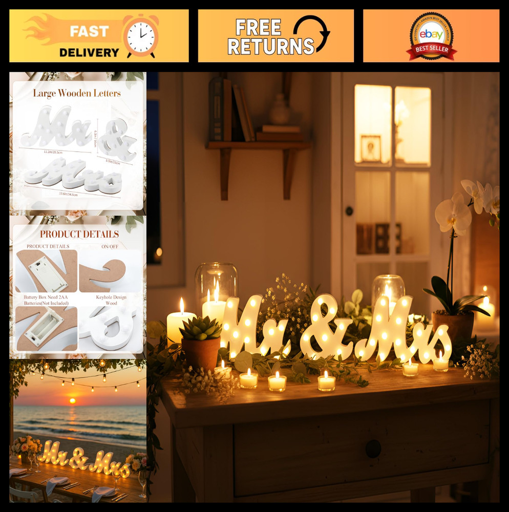 Rustic Light-Up Mr & Mrs Wedding Table Sign – 31in Wooden Letters, Anniversary D