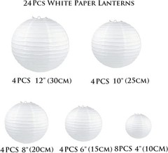24 Pcs White Paper Lanterns (Size of 12″, 10″, 8″, 6″,4″)- round Chinese/Japanes