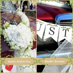 Just Married Car Decorations Set – White Wedding Car Ribbon & Flower Kit with