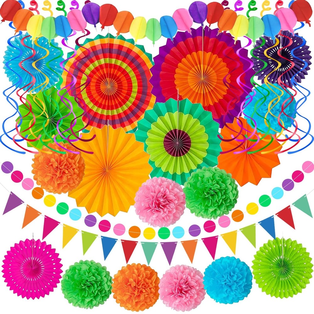 33Pcs Fiesta Decorations Cinco De Mayo Decorations Multi-Color Paper Fans Gar…