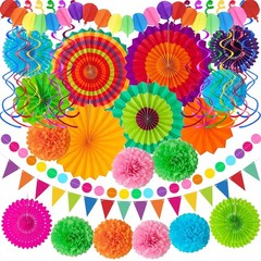 33Pcs Fiesta Decorations Cinco De Mayo Decorations Multi-Color Paper Fans Gar…