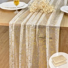 2Pcs Gold Glitter Christmas Table Runner, Gauze Sheer Sequin Rose Gold