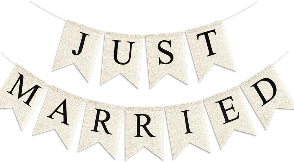 Just Married Burlap Banner Rustic Cream Black Pre-Assembled Wedding Car Decor