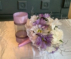 Bouquet holder/vase with satin ribbon and rhinestones….you pick colors