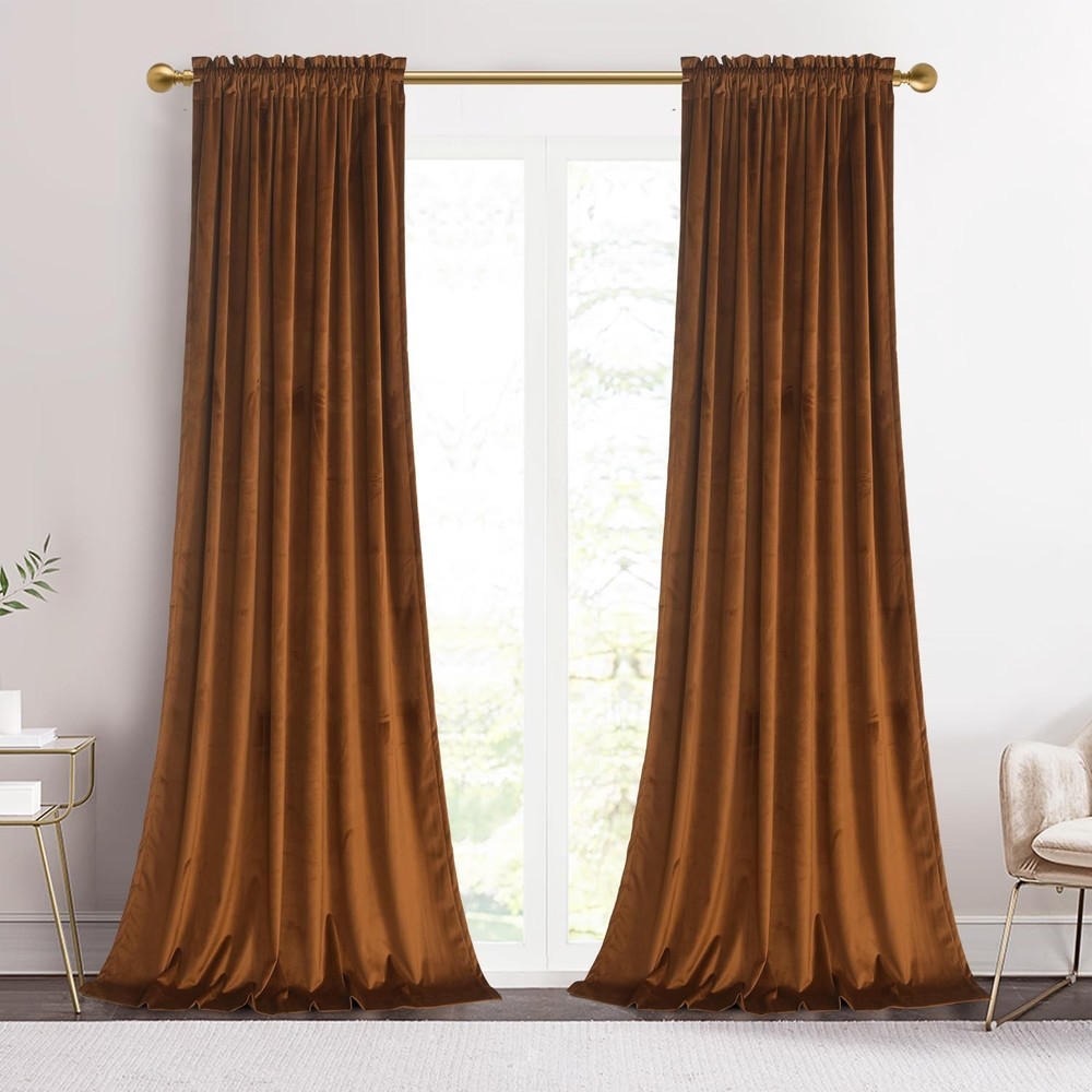 Roslynwood 96-inch Length Brown Velvet Curtains for Bedroom, Rod Pocket Heavy…