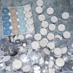 Lot Approx. 100 Luminessence Unscented Tea Light Candles White Blue Beige box