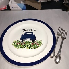 Farmhouse Mr and Mrs Wedding Gift Plate and Silverware (Fork and Spoon).