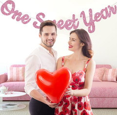 Pink Glitter Sweet 1 Year Banner(Pre-Strung), First Birthday Anniversary Party D