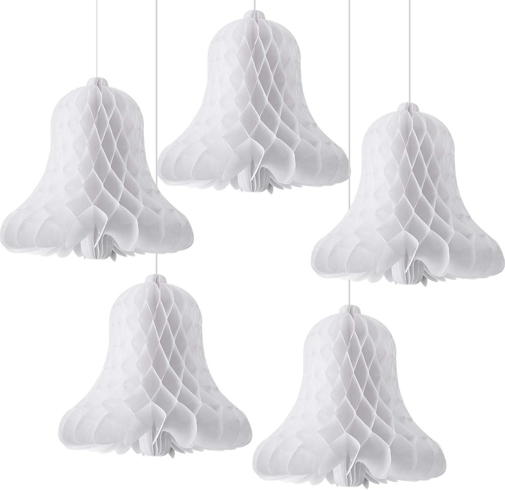 5 Pieces Paper Wedding Bells White Hanging Big Heavy Honeycomb Bells