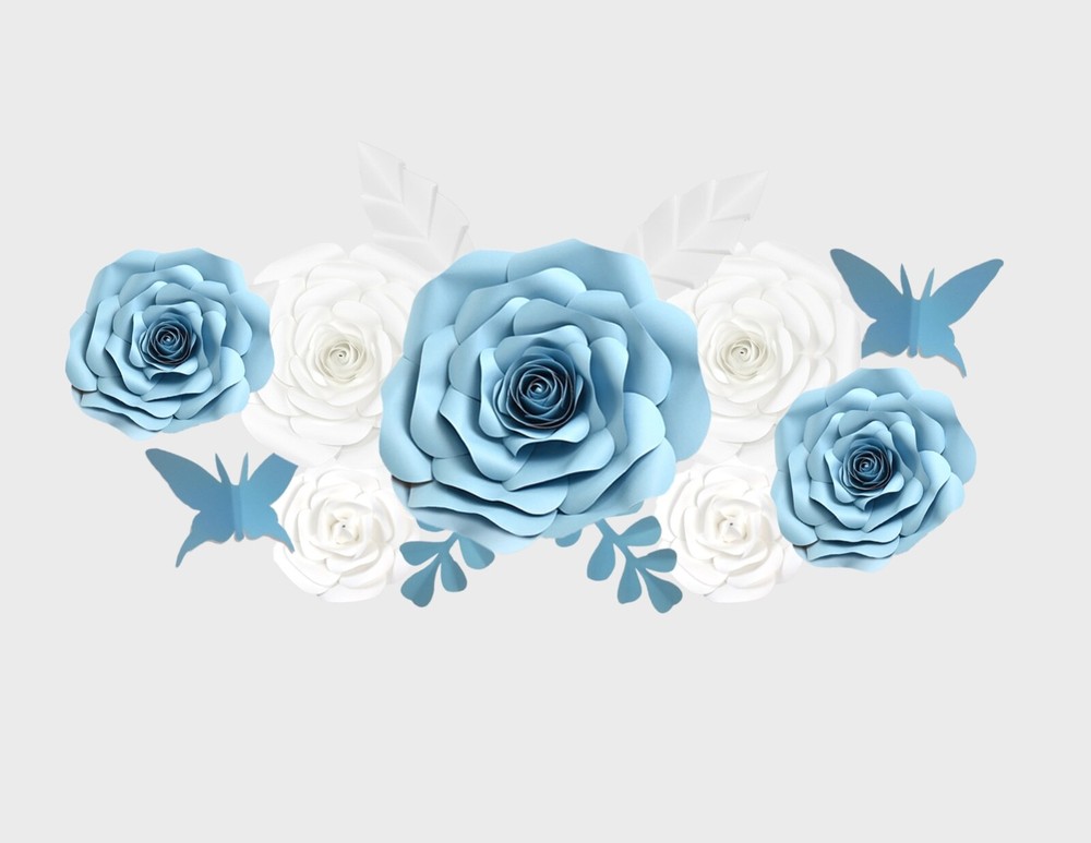 Decor In The Box 13 piece Handmade Paper Flower Set, Fully Assembled-Blue/White