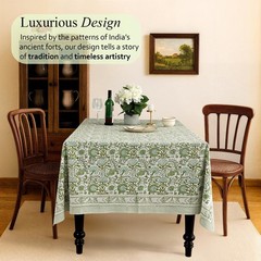 CPC Block Print Tablecloth Agate Green 90″x60″ Rectangular 100% Cotton Reusab…