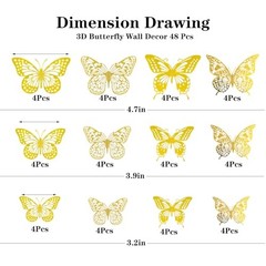 3D Butterfly Wall Decor 48 Pcs – 4 Styles & 3 Sizes, Removable Wall Gold