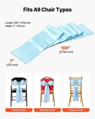 7x108in Light Blue Satin Chair Sashes 100 Pack, Reinforced Edge Event Decor
