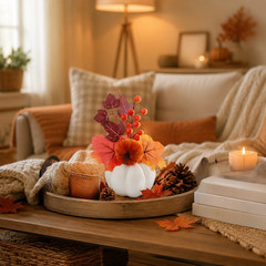 Thanksgiving Seasonal Foam Wreath with Pumpkin Theme and Maple Color Accents