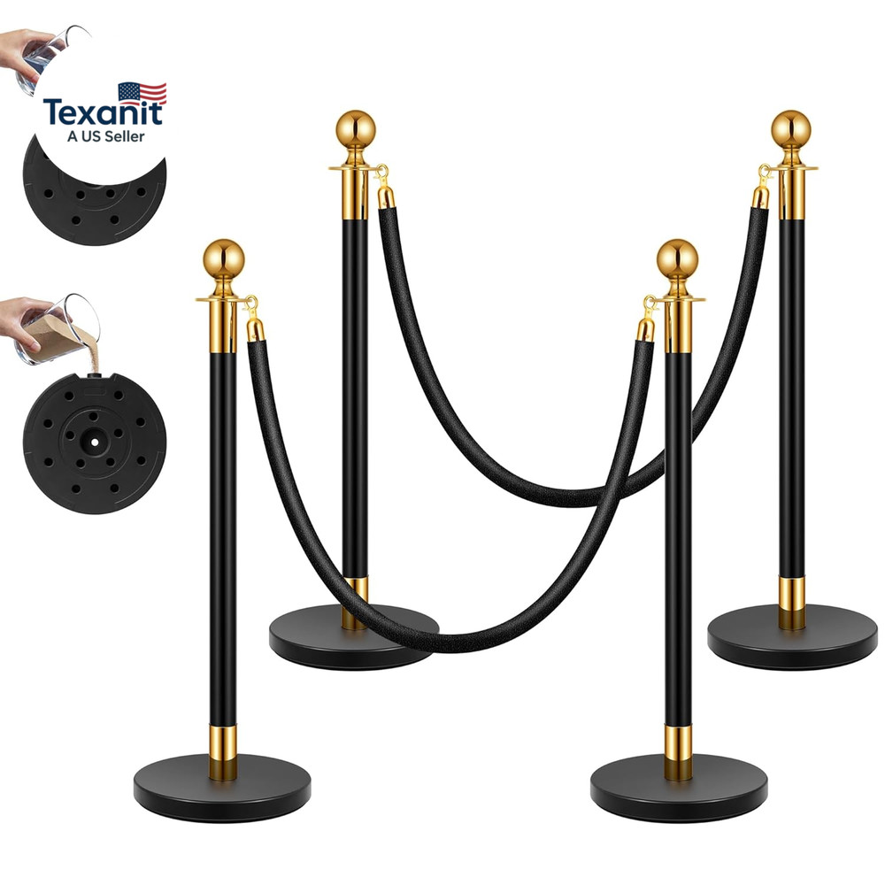 Stanchions and Velvet Ropes 4PCS, Water-Fillable Base with Iron Post, 5 Feet Vel
