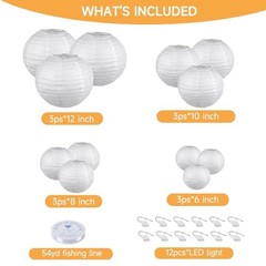 12pcs White Paper Lanterns with LED Lights Assorted Sizes Hanging Party Decor