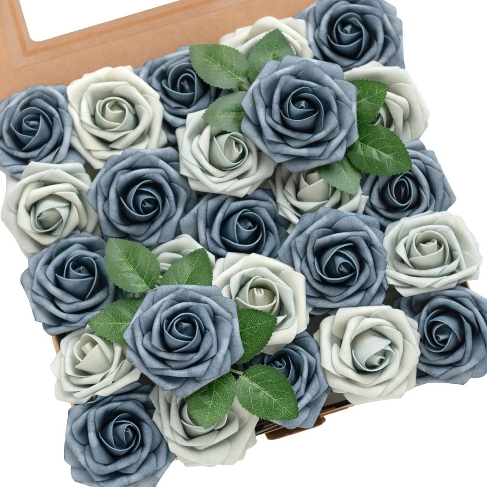 Ling’s Moment Artificial Flowers 25Pcs Dusty Blue & Navy Roses Decor w/Stems,…