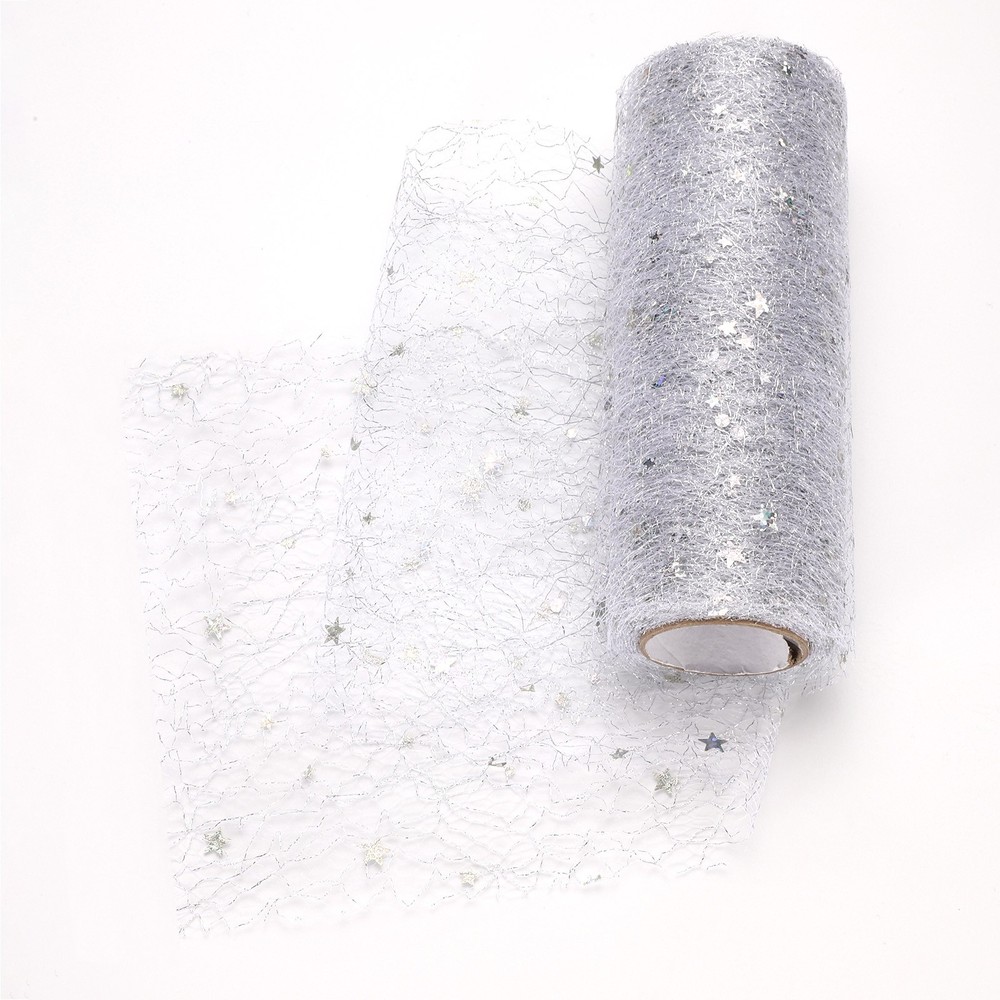 Moon & Star Tulle Rolls Fabric, 6″ x 10 Yard Nylon Tulle Ribbon, Silver