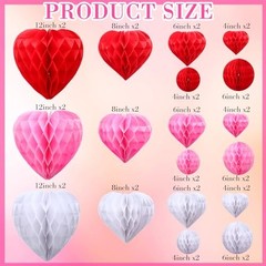 36 Pcs Valentine Heart Honeycomb Decorations Pom Poms Pink, Red, White