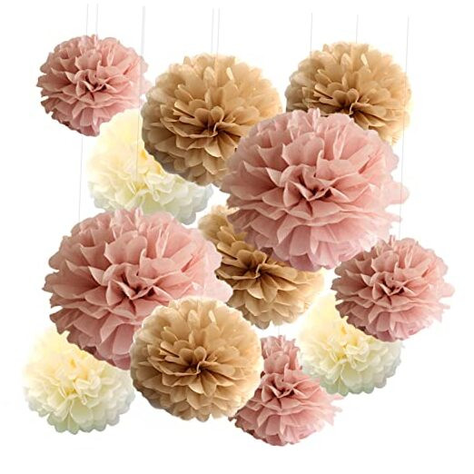 12-Piece Boho Dusty Rose Mauve Pink Tan Brown Cream Party Tissue Pom poms