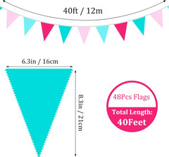 40Ft Teal Hot Pink Fabric Bunting Banner Pennant Hanging Party Decorations Trian