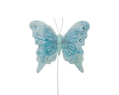 12PC 4″ Blue + Silver Glitter Feather Butterflies Craft DIY Wedding Cake Topper