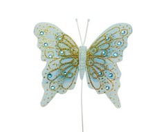 12PC 4″ Blue + Gold Glitter Feather Butterflies Craft DIY Wedding Cake Topper
